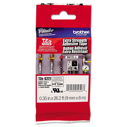 Picture of Brother P-Touch TZES221 TZe Extra-Strength Adhesive Laminated Labeling Tape, 3/8-Inch w, Black on White