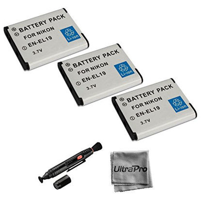 Picture of 3-Pack EN-EL19 High-Capacity Replacement Batteries for Select Nikon Coolpix Digital Cameras. UltraPro Bundle Includes: Deluxe Microfiber Cleaning Cloth, Lens Cleaning Pen