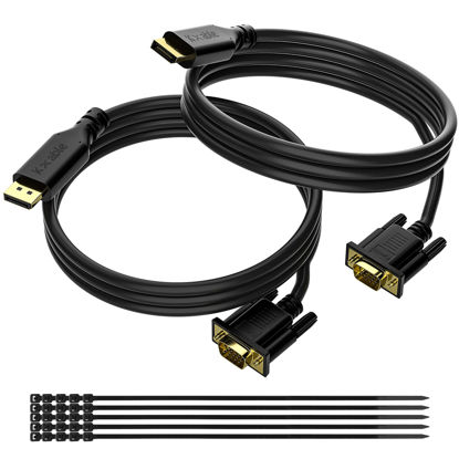 Picture of DisplayPort to VGA Cable 6 Feet (2 Pack), Gold-Plated DP to VGA Cord, DP to VGA Male to Male Adapter Converter for PC to HDTV, Monitor, Projector with 25 Cable Ties