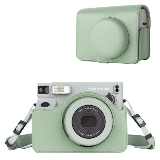Picture of Rieibi Camera Case Compatible with Instax Wide 400，Carrying Case for Fujifilm Instax Wide 400 Instant Camera，Retro PU Leather Camera Bag，Protective Case With Shoulder Strap - Green