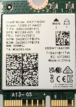 Picture of Intel AX211 no vPro CNVio2, Bluetooth 5.3, Tri-Band Wi-Fi 6E, Network Adapter for Laptop Win 10/11 (64bit), Linux, Chrome OS. Designed for Intel 12 Gen or Newer