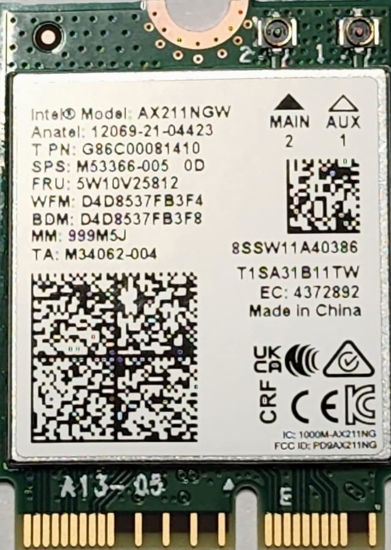 Picture of Intel AX211 no vPro CNVio2, Bluetooth 5.3, Tri-Band Wi-Fi 6E, Network Adapter for Laptop Win 10/11 (64bit), Linux, Chrome OS. Designed for Intel 12 Gen or Newer