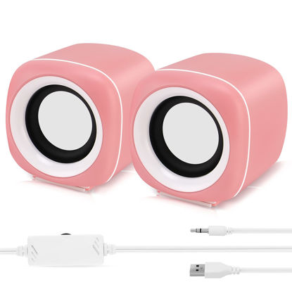 Picture of JiaLG USB Powered Computer Stereo Speakers Mini Portable Bookshelf Speakers with Subwoofer Pc Speakers for Desktop Laptop Computer ATV, Pink, 6.5 feet