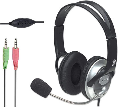Picture of MANHATTAN Headset with Microphone - with 8 ft Long Cable, Volume Control, 3.5mm Audio and Mic Plug Jacks, Flexible Mic - for Computer, Laptop, Desktop, Call Center - 175555