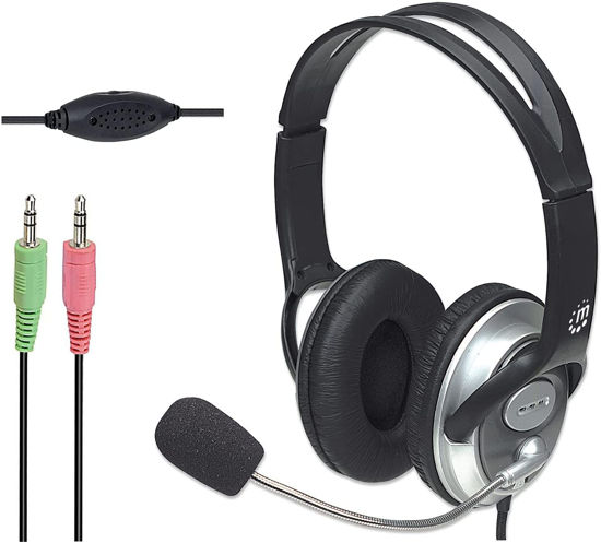 Picture of MANHATTAN Headset with Microphone - with 8 ft Long Cable, Volume Control, 3.5mm Audio and Mic Plug Jacks, Flexible Mic - for Computer, Laptop, Desktop, Call Center - 175555