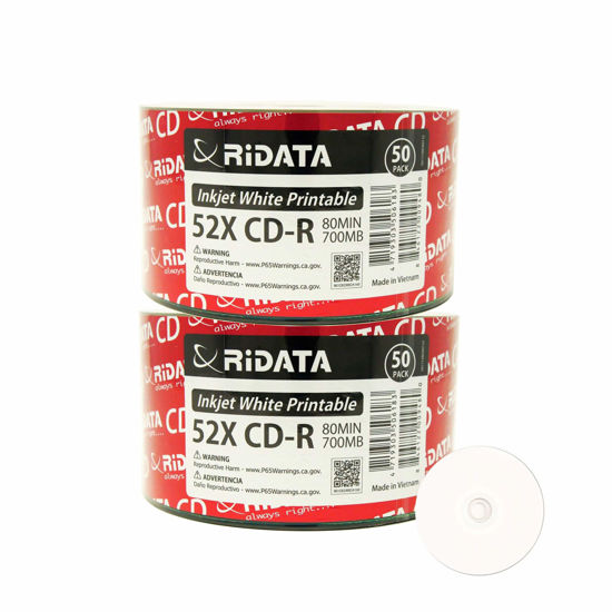 Picture of 100 Pack Ridata CD-R 52X 700MB 80Min White Inkjet Hub Printable Blank Media Recordable Disc