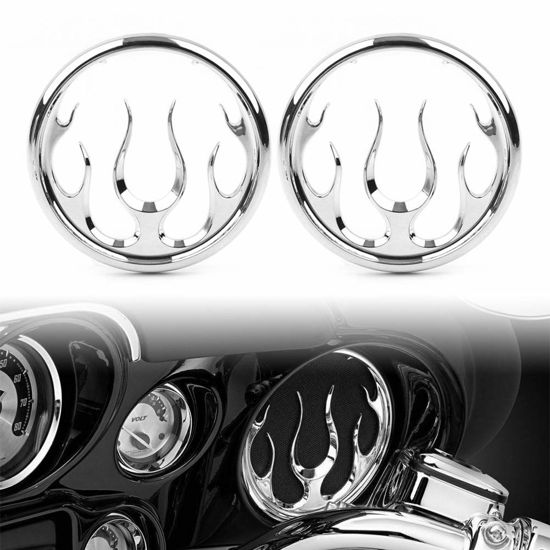 Picture of GZYF Motorcycle Flame Style Speaker Accent Trims Compatible with Harley Electra Glide FLHT 1996-2013, Street Glide FLHX 2006-2013, Trike FLHTCUTG FLHXXX 2009-2013, Chrome