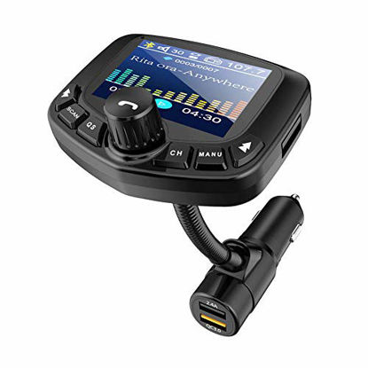 Picture of Bluetooth FM Transmitter for Car, 1.8" Color Screen Wireless FM Radio Adapter Receiver Car Kit Hands-Free QC3.0 Quick Charger 3 USB Ports AUX Input/TF Card/USB Drive MP3 Player
