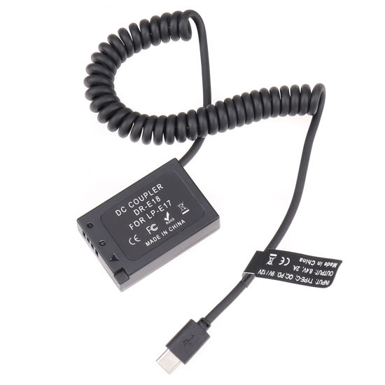 Picture of Fotga USB Type-C Power Adapter Cable + Decoded LP-E18 Dummy Battery for Canon RP 77D 200D 250D 750D 760D 800D 850D PD Power Delivery Power Bank