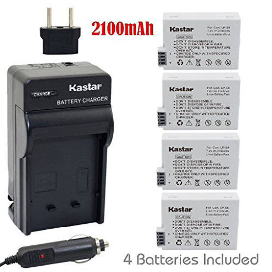 Picture of Kastar Battery (4-Pack) and Charger Kit Replacement for LP-E8, LPE8, LC-E8E, EOS 550D, EOS 600D, EOS 700D, EOS Rebel T2i, EOS Rebel T3i, EOS Rebel T4i, EOS Rebel T5i Cameras and BG-E8 Grip
