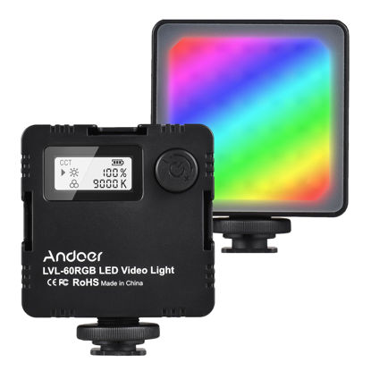 Picture of Andoer GB Video Lights, LED Camera Light LVL-60RGB Mini Bi-Color LED Video Light 2500K-9000K Dimmable Built-in Rechargeable Battery with 3 Cold Shoe Mounts LCD Display Vlog Fill Light for DSLR Camera