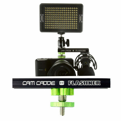 Picture of 4 Inch Cold Shoe Extension Bracket - Dual Sided Camera Flash Mount with 1/4"-20 Flashner Adapter by Cam Caddie - Black / Green