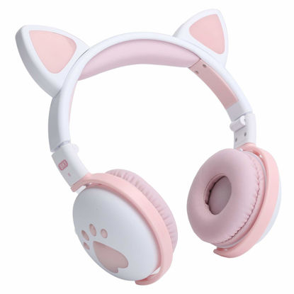 Picture of Cat Ear Headphone, Bluetooth 5.0 Wireless Foldable Portable Super Cute Earphone Gift with LED Light for Girlfriend, Over-Ear Headset for Gaming/Learning for Girls(White)
