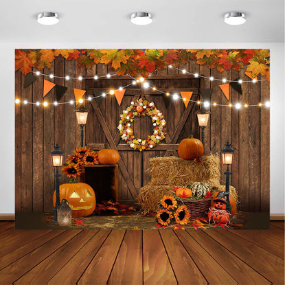 Picture of Avezano Fall Thanksgiving Photography Backdrop Rustic Barn Wooden Door Harvest Photography Background Autumn Pumpkins Maple Kids Portrait Photoshoot Backdrops Photo Studio (8x6ft)