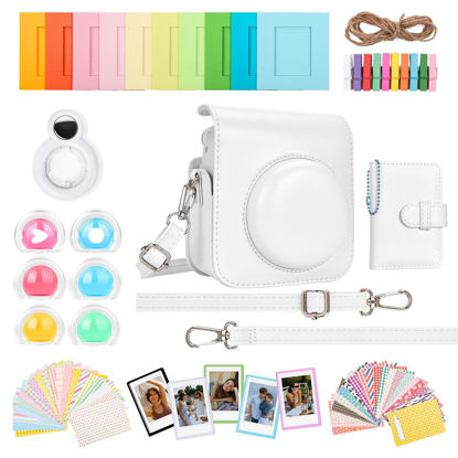 Picture of HIYQIN 8 in 1- Camera Case and Accessories Compatible with Fujifilm Instax Mini 12, Mini 12 Case/Photo Album/Photo Frame & Stickers/Lens Filter/Selfie Mirror - White