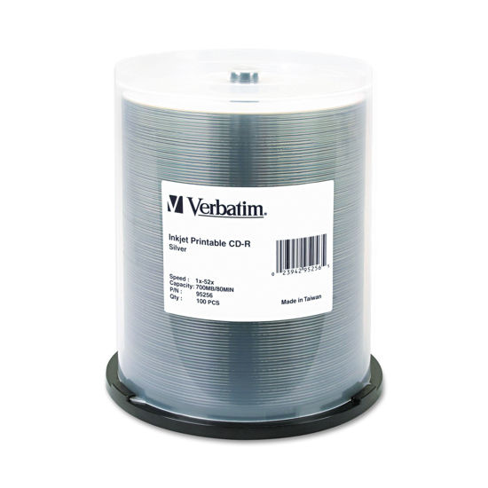 Picture of Verbatim 95256 CD-R, 700MB, 52X, Silver Inkjet Printable, 100/PK Spindle