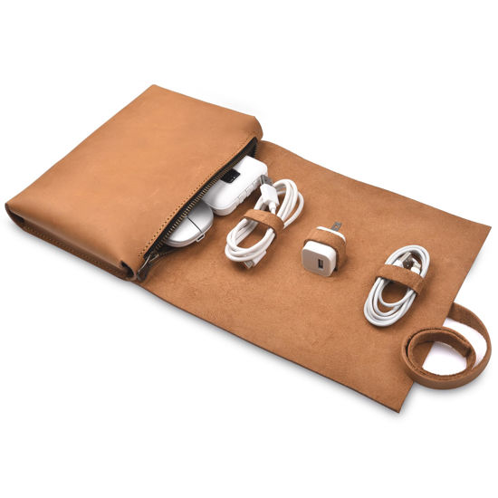 Picture of NUTUCH Leather Tech Pouch for Cables Chargers Phone | Tech Bag | Zipper Travel Accessory Pouch | Electronic Organizer Case Travel Bag (Tan)