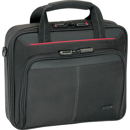 Picture of Targus Classic Clamshell Laptop Business Case Bag with Slim Briefcase Design, Zipper Pocket, Removable Shoulder Strap and Protective Sleeve fits up to 16-Inch Laptop, Black/Red Accents (CN31US)
