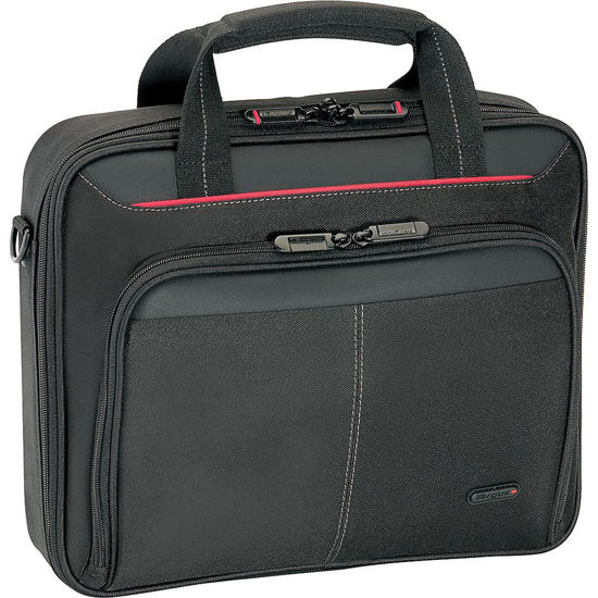 Picture of Targus Classic Clamshell Laptop Business Case Bag with Slim Briefcase Design, Zipper Pocket, Removable Shoulder Strap and Protective Sleeve fits up to 16-Inch Laptop, Black/Red Accents (CN31US)
