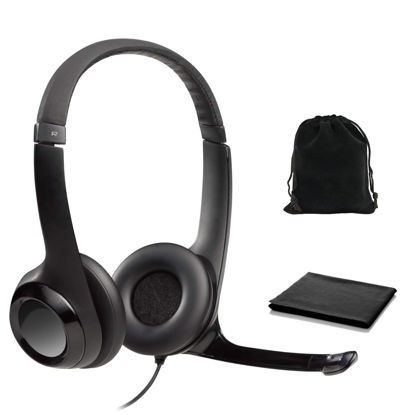 Picture of Logitech Headset H390 Wired Headset with Mic for PC/Laptop, Stereo Headphones with Noise Cancelling Microphone, USB, in-Line Controls, PC Headset, W/Cloth and Pouch (Black), Bulk Packaging