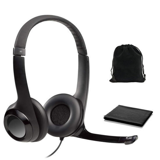 Picture of Logitech Headset H390 Wired Headset with Mic for PC/Laptop, Stereo Headphones with Noise Cancelling Microphone, USB, in-Line Controls, PC Headset, W/Cloth and Pouch (Black), Bulk Packaging