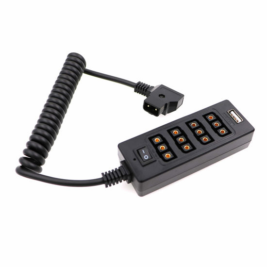 Picture of AConnect D-Tap Male to 4-Port D-Tap Female Coiled Splitter Cable for V-Mount Battery with Switch Button/USB Port/8V 12V DC Port for Photography Power Multifunctional