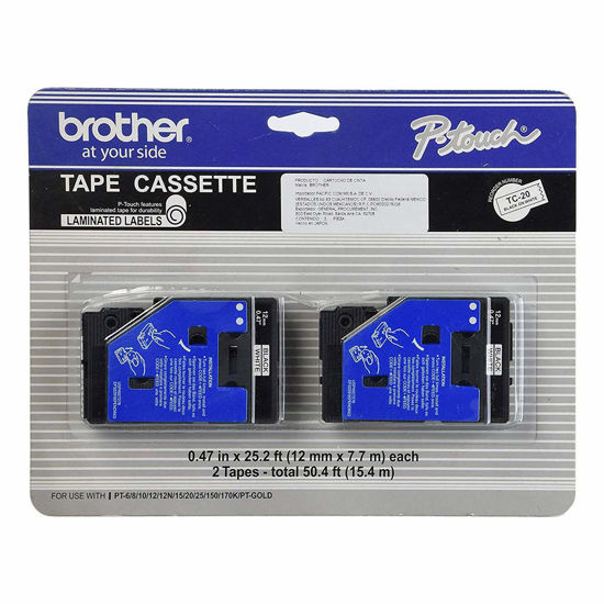 Picture of Brother BRT-TC20 TC Style Replacement Tape Cartridge for P-Touch Labeler, 1 mm Height, 12 mm Wide, 1 mm Length, Borosilicate Glass, Black/White (Pack of 2)