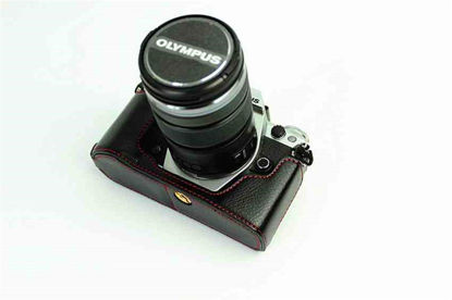 Picture of E-M5 Mark II Case, BolinUS Handmade Genuine Real Leather Half Camera Case Bag Cover for Olympus OM-D E-M5 Mark II Bottom Opening Version with a Free Genuine Real Leather Hand Strap - Black
