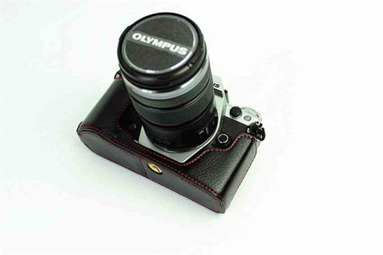 Picture of E-M5 Mark II Case, BolinUS Handmade Genuine Real Leather Half Camera Case Bag Cover for Olympus OM-D E-M5 Mark II Bottom Opening Version with a Free Genuine Real Leather Hand Strap - Black