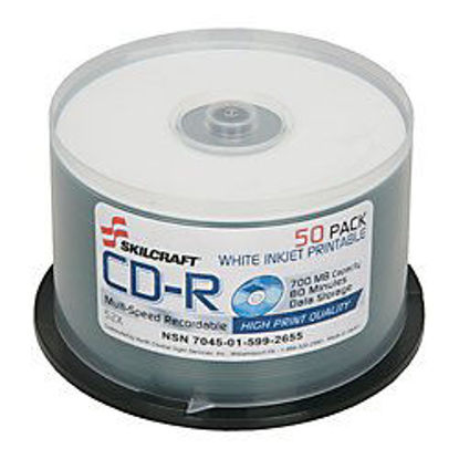 Picture of SKILCRAFT 7045-01-599-2655 Inkjet Printable CD-R on Spindle, 700MB Capacity, White (Pack of 50)