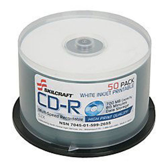 Picture of SKILCRAFT 7045-01-599-2655 Inkjet Printable CD-R on Spindle, 700MB Capacity, White (Pack of 50)