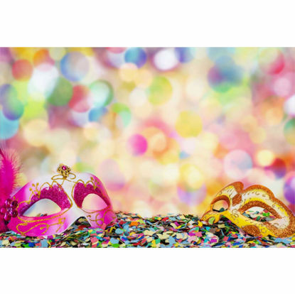 Picture of DORCEV 10x6.5ft Mask Photography Backdrop Carnival Party Masquerade Party Birthday Party Background Golden and Pink Mask Black Colorful Spot Kids Children Adult Photo Video Studio Props