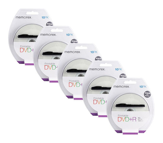 Picture of Memorex Blank DVD-R Memorex DVD+R 16X 10-Pack with Bonus Marker - Bulk Pack of Five 10-Packs (50 Total Discs) (32020060051)