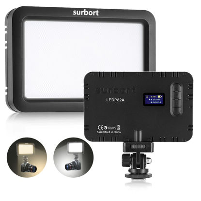 Picture of SURBORT LED Camera Light, Ultra Slim Portable Photo Light, Bi-Color Light/Brightness Adjustable, Built-in LCD Display, 4000mAh Rechargeable Battery + Hot Shoe Base for Canon, Nikon, Sony Cameras