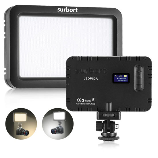 Picture of SURBORT LED Camera Light, Ultra Slim Portable Photo Light, Bi-Color Light/Brightness Adjustable, Built-in LCD Display, 4000mAh Rechargeable Battery + Hot Shoe Base for Canon, Nikon, Sony Cameras