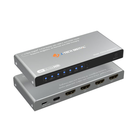 Picture of 4K 60Hz 4x1 HDMI & USB-C Switch | 3 HDMI + 1 USB-C Input, 1 HDMI Output | Compatible w/HDR & Dolby Vision | IR Remote, Auto Switch, CEC, Digital Audio by J-Tech Digital [JTECH-4KSW3H1C]