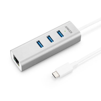 Picture of Anker 3-Port USB-C to USB 3.0 Aluminum Portable Data Hub, with 10 Mpbs, 100 Mbps, 1000 Mbps, or 1 Gigabit Network Adapter with Ethernet Port, for MacBook Pro 2016, ChromeBook, XPS and More