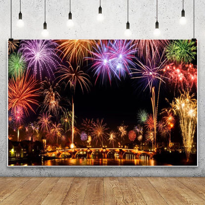 Picture of 10x8ft Vinyl XMJJKUF Happy New Year Backdrop Colorful Firework River Bridge Nightscape Background New Year Eve Party Portrait Photo Studio Props