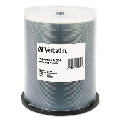 Picture of Verbatim CD-R Printable Recordable Disc, 700 MB, 52x, Spindle, White, 100/Pack