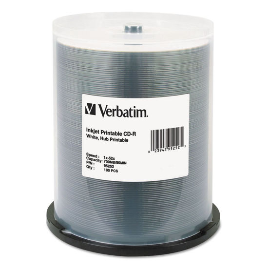 Picture of Verbatim CD-R Printable Recordable Disc, 700 MB, 52x, Spindle, White, 100/Pack
