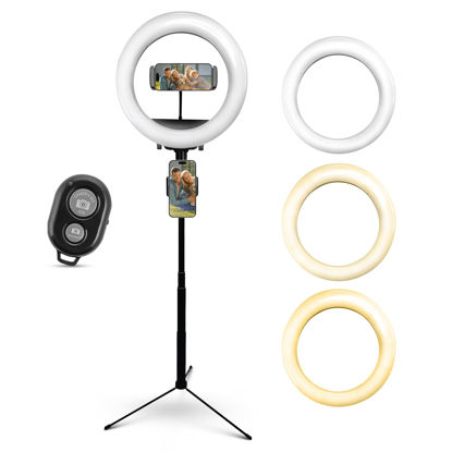 Picture of iDance LED Ring Light with Cell Phone Holder, 10", USB Powered with Bluetooth Remote Control and Foldable Adjustable Tripod Stand, Selfie, Makeup Ring Light with Universal iPad Mini Holder