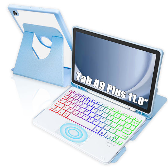 Picture of MePadKey Touchpad Keyboard Case for Samsung Galaxy Tab A9 Plus 11 inch SM-X210/X215/X216, 360 Degree Rotating Cover with Color Backlight Magnetic Removable Keyboard for Tablet A9+ (Sky Blue+White)