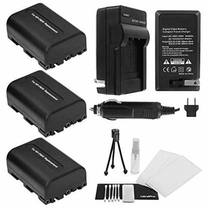 Picture of 3-Pack NP-FM50 High-Capacity Replacement Batteries with Rapid Travel Charger for Select Sony Digital Cameras. UltraPro Bundle Includes: Camera Cleaning Kit, Screen Protector, Mini Travel Tripod