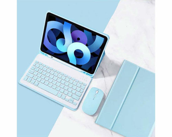 Picture of iPad Air 5th Gen 2022 / iPad Air 4th Gen 2020 Keyboard Case + Mouse Detachable Wireless Bluetooth Keyboard Pencil Holder Slim Leather Smart Cover for 10.9 inch iPad Air 2022/2020, Sky Blue