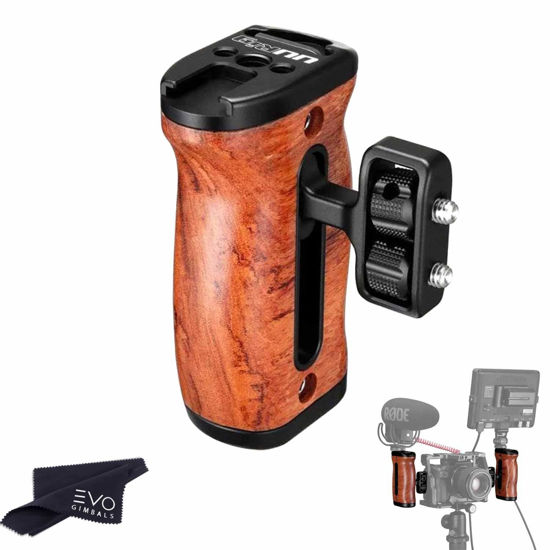 Picture of R027 Universal Wood Handgrip Handle for Camera Cage Rigs | Adjustable Configuration Left or Right with Cold Shoe and Threaded Mounts for Accessories