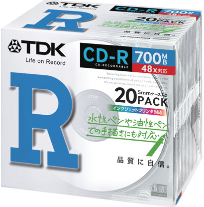 Picture of TDK data CD-R 700MB 48X White Printable 20 Pack CD-R80PWX20A