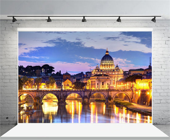 Picture of AOFOTO 12x8ft St. Peter's Cathedral Photography Background Vatican St. Peter's Basilica Church Backdrop Italy Rome Tiber River City Dusk Ponte Sant Angelo Bridge of Holy Angel Photoshoot Studio Props