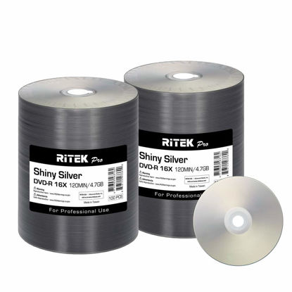 Picture of 200 Pack Ritek Pro (Professional Grade) DVD-R 16X 4.7GB AZO Dye (MID MXL RG04) Shiny Silver Lacquer Silk Screen Printable Blank Media Recordable Disc