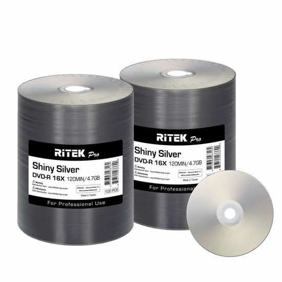 Picture of 200 Pack Ritek Pro (Professional Grade) DVD-R 16X 4.7GB AZO Dye (MID MXL RG04) Shiny Silver Lacquer Silk Screen Printable Blank Media Recordable Disc