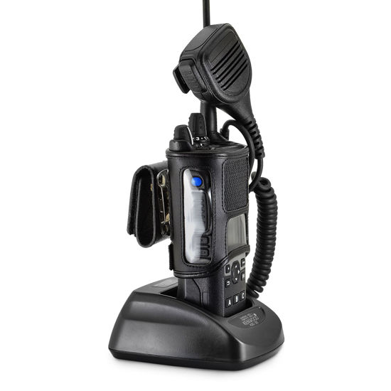 Picture of Turtleback Carry Holder for Kenwood VP6000 Viking 6000 Fire and Police Two Way Radio Belt Clip Holster Case, Black Leather Pouch with Heavy Duty Rotating Ratcheting 2.25" Belt Loop Made in USA